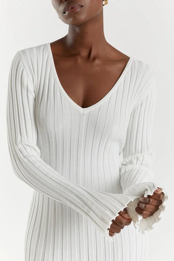 Women's Ribbed Knit Maxi Dress- V-Neck and Long Sleeves
