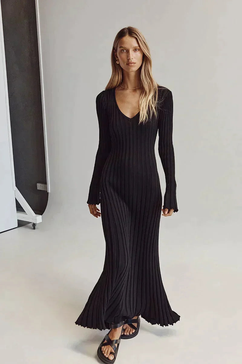 Women's Ribbed Knit Maxi Dress- V-Neck and Long Sleeves