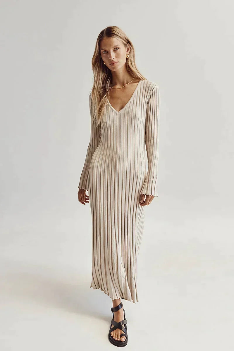 Women's Ribbed Knit Maxi Dress- V-Neck and Long Sleeves