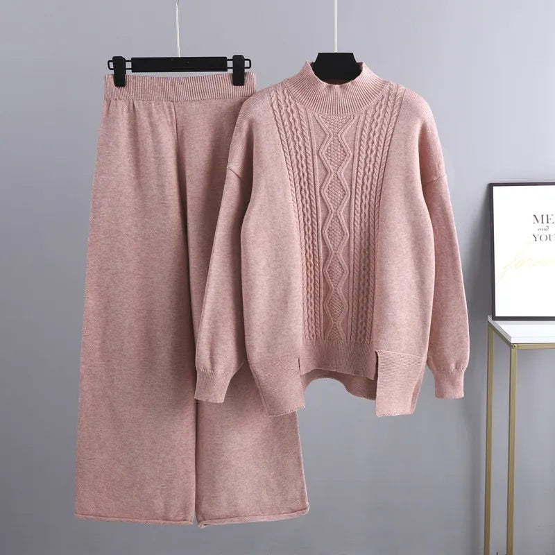 Women's Cable-Knit Loungewear Set with Mock Neck Jumper
