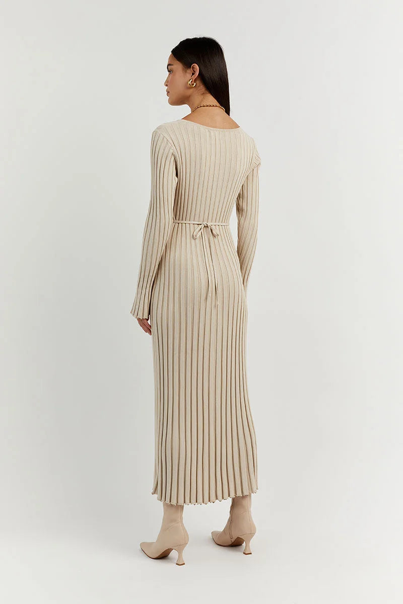 Women's Ribbed Knit Maxi Dress- V-Neck and Long Sleeves