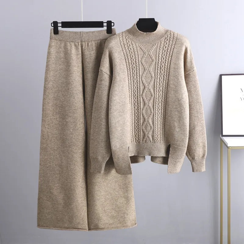 Women's Cable-Knit Loungewear Set with Mock Neck Jumper