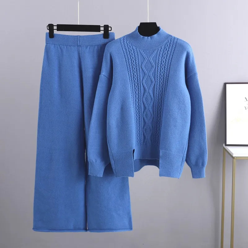 Women's Cable-Knit Loungewear Set with Mock Neck Jumper