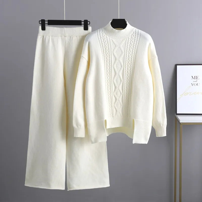 Women's Cable-Knit Loungewear Set with Mock Neck Jumper