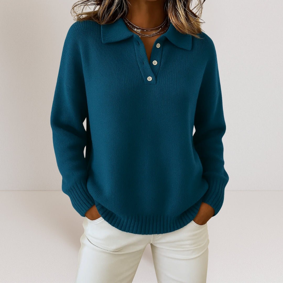 Women's Knit Sweater - Polo-Collar Button-Placket Top