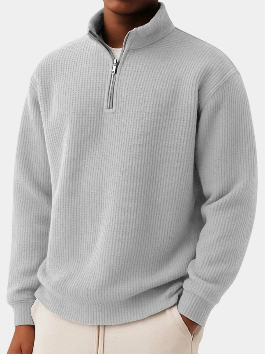 Men's Quarter-Zip Jumper- High Neck and Ribbed Trim