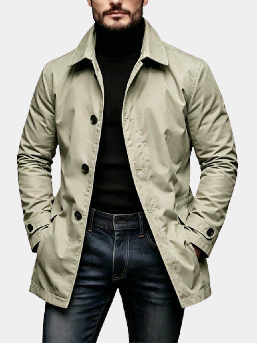 Men's Mid-Length Jacket- Button Front and Hip-Length Cut