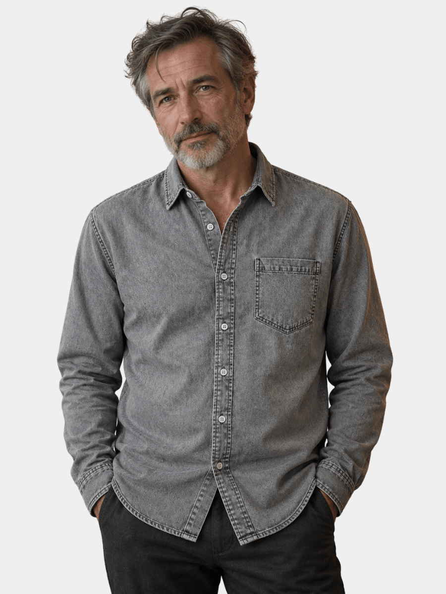 Men's Denim Shirt- Spread Collar and Chest Pocket