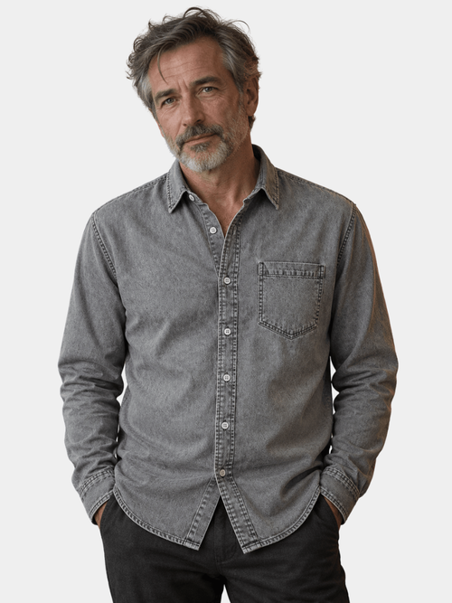 Men's Denim Shirt- Spread Collar and Chest Pocket