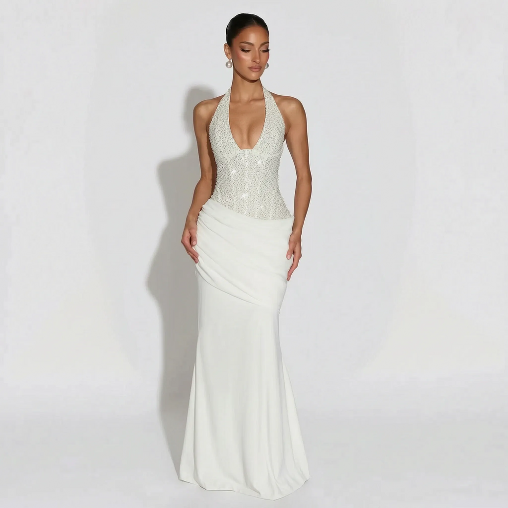 LuminaGown - Embellished Halter Neck Maxi Dress