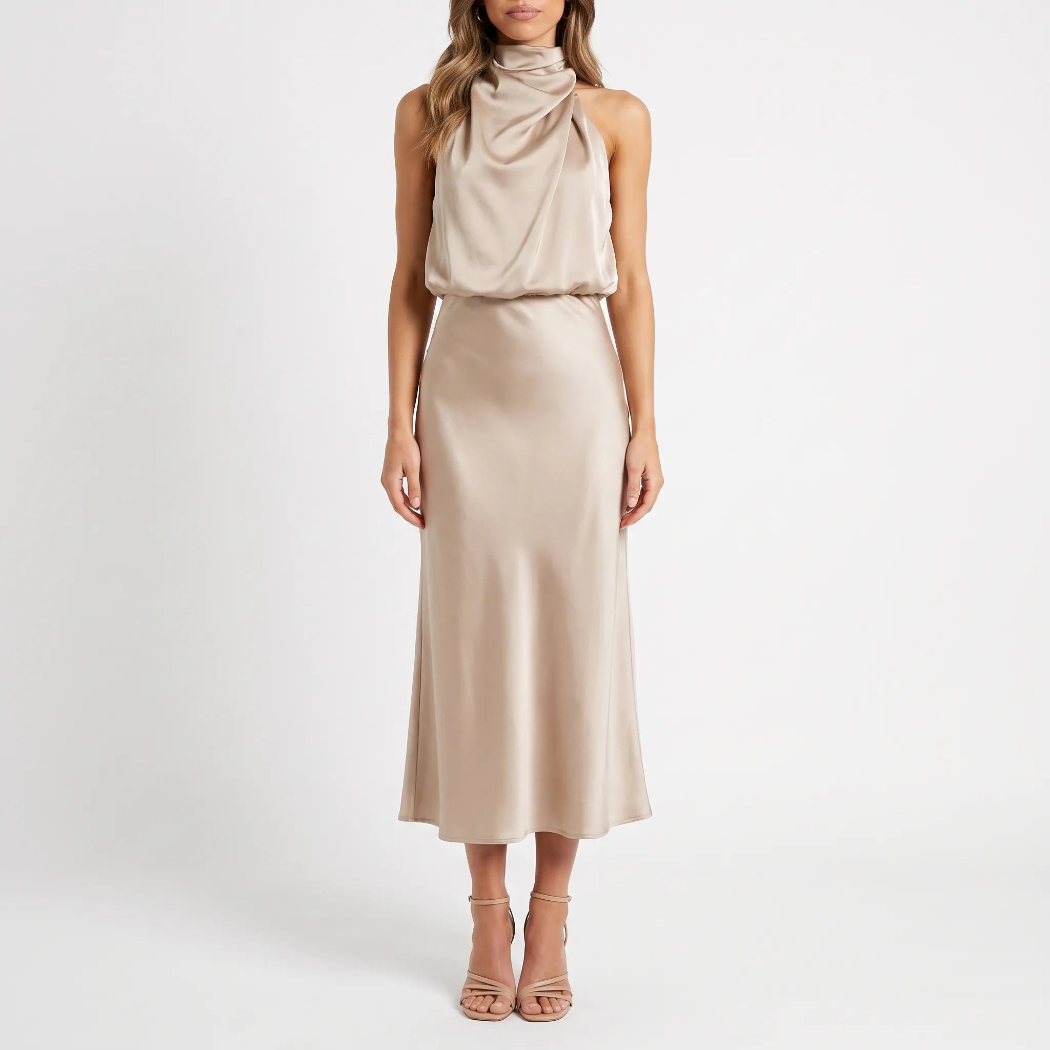 Luminia - Draped Halter Neck Midi Dress