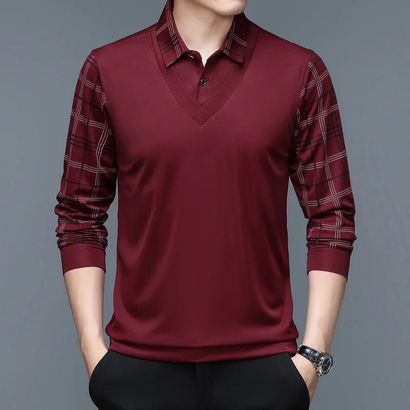 Men's Long-Sleeve Polo Shirt - Contrast-Collar Top