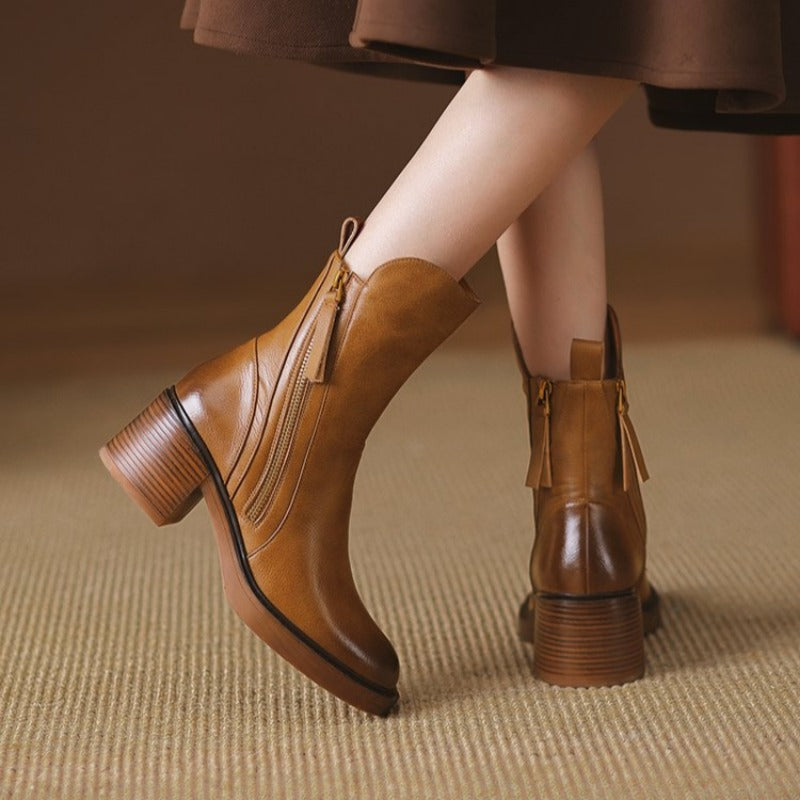 Women's Tassel-Zip Ankle Boots- Block Heel and Rounded Toe