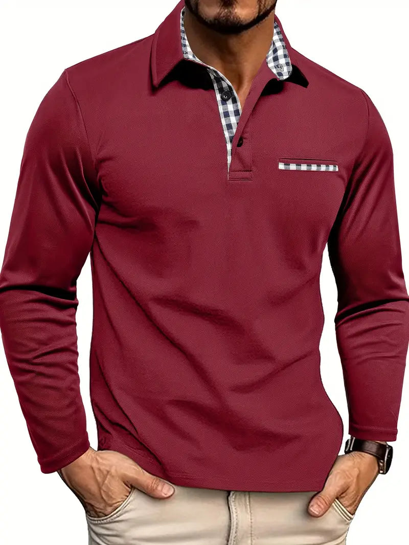 Men's Long-Sleeve Polo Shirt - Contrast-Collar Top