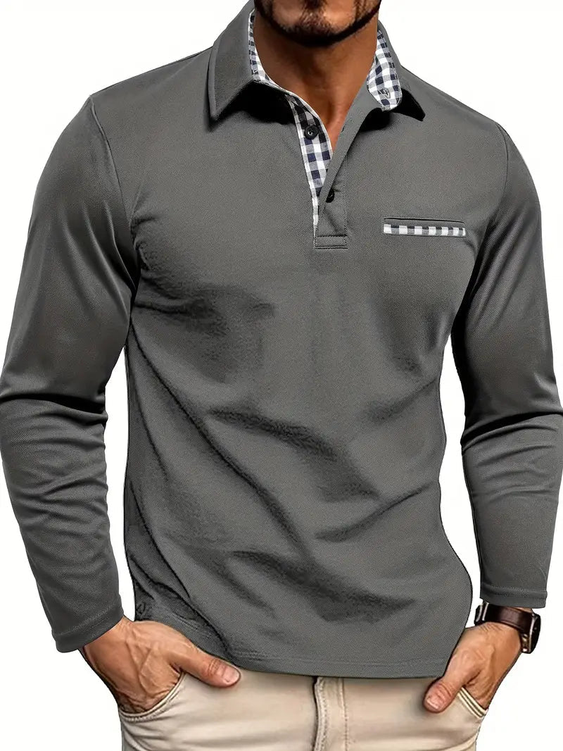Men's Long-Sleeve Polo Shirt - Contrast-Collar Top