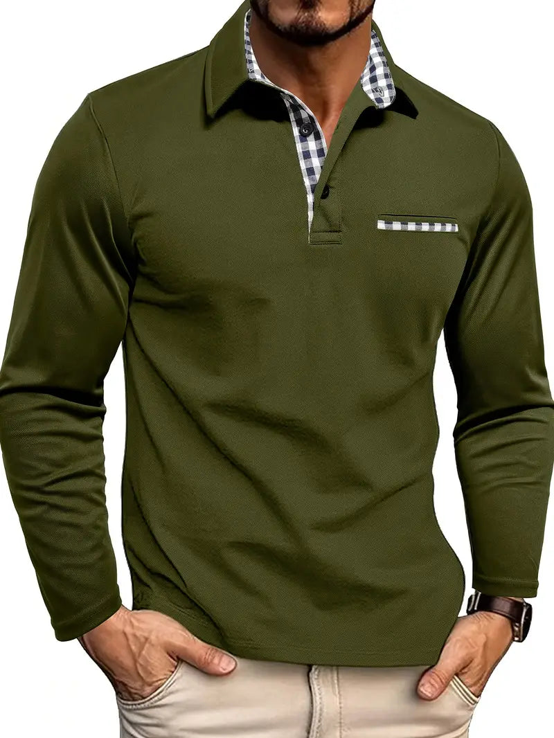 Men's Long-Sleeve Polo Shirt - Contrast-Collar Top
