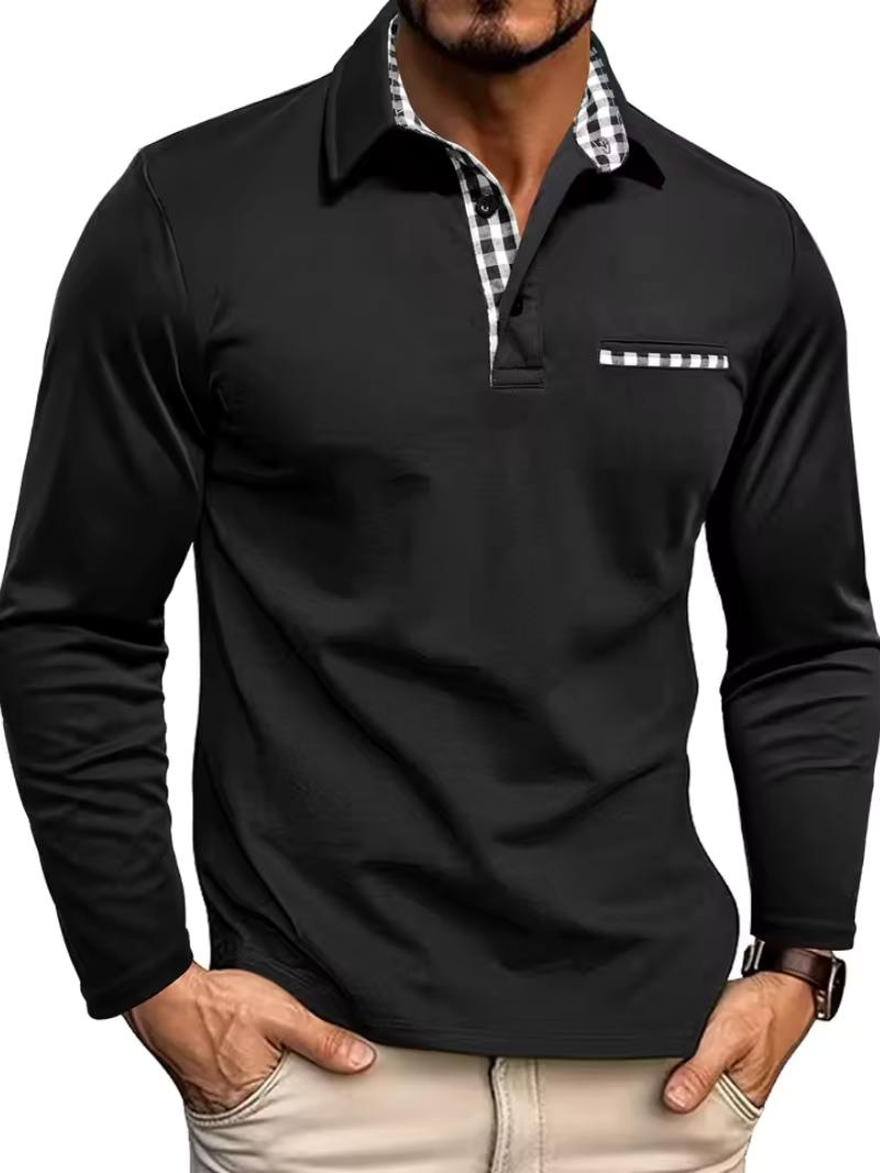 Men's Long-Sleeve Polo Shirt - Contrast-Collar Top