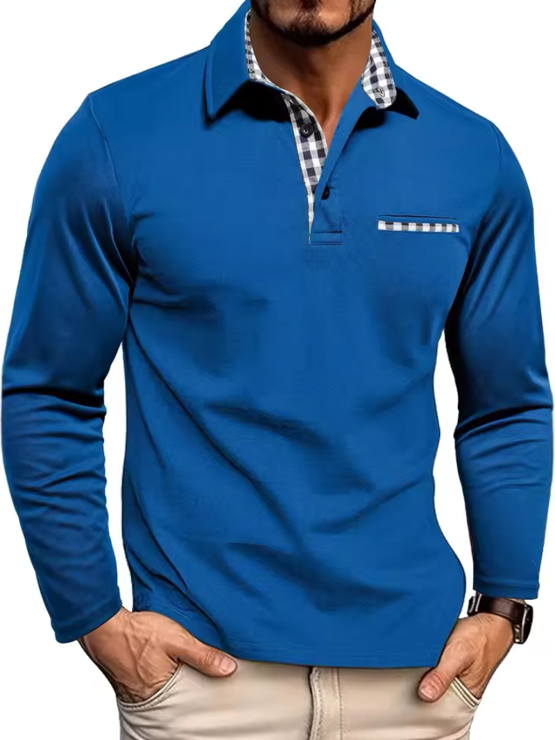 Men's Long-Sleeve Polo Shirt - Contrast-Collar Top