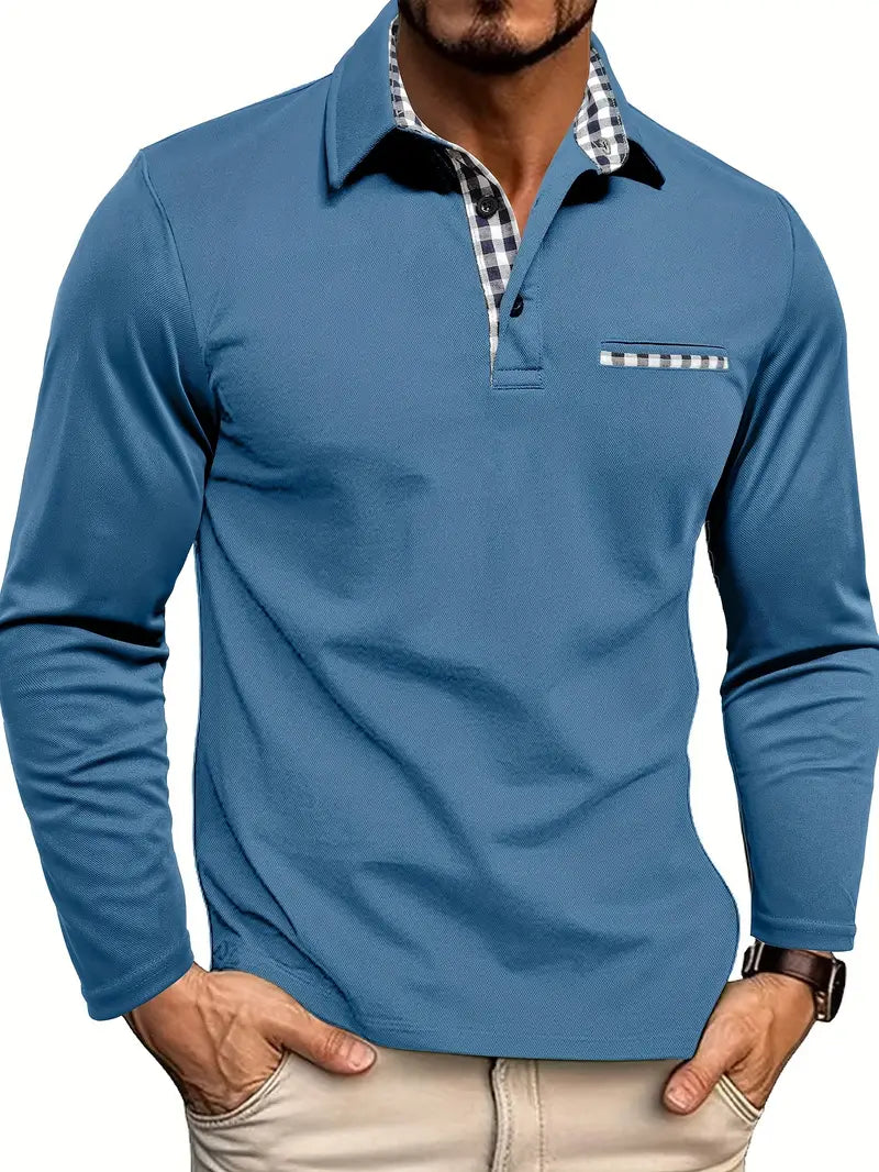 Men's Long-Sleeve Polo Shirt - Contrast-Collar Top