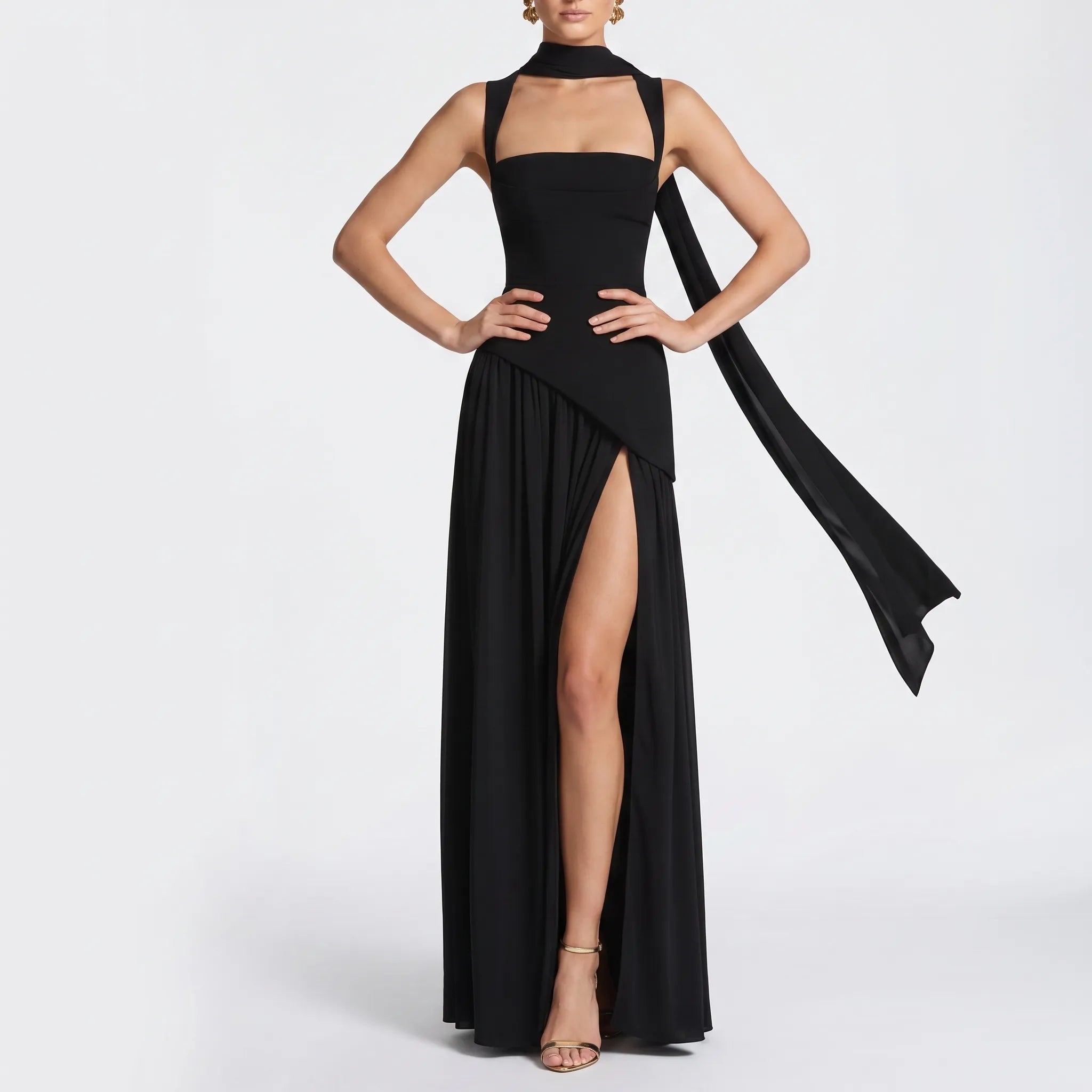Nyxara - Sleeveless Asymmetric High Split Maxi Dress
