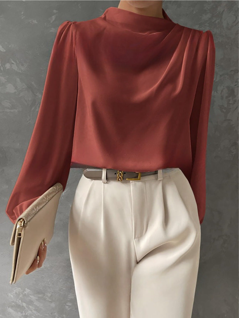 Women's Draped Blouse- Gathered Neckline and Long Sleeves