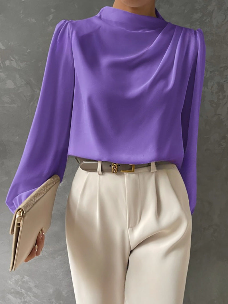 Women's Draped Blouse- Gathered Neckline and Long Sleeves