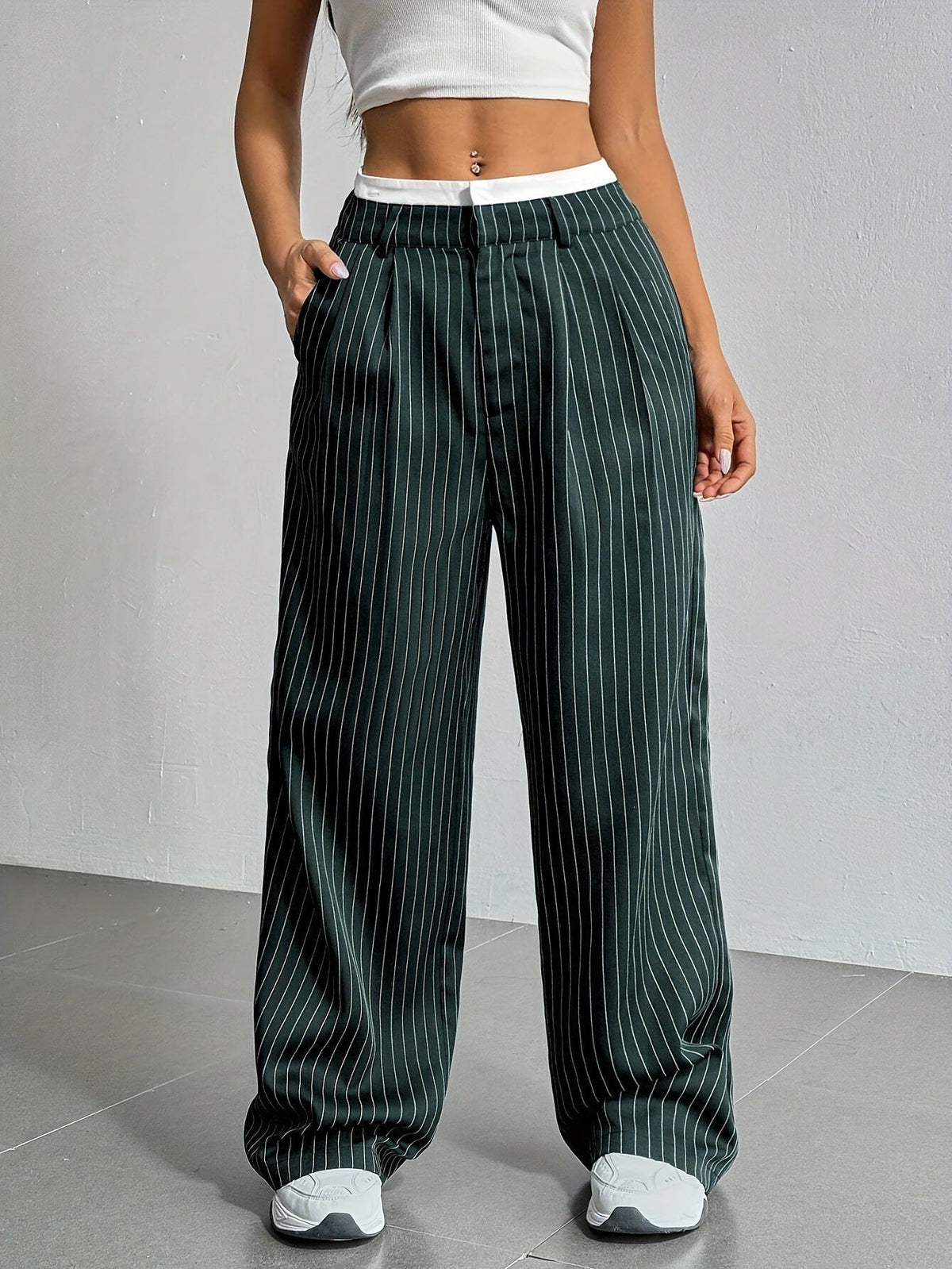 Women's Pinstripe Trousers- High Waist and Wide Leg
