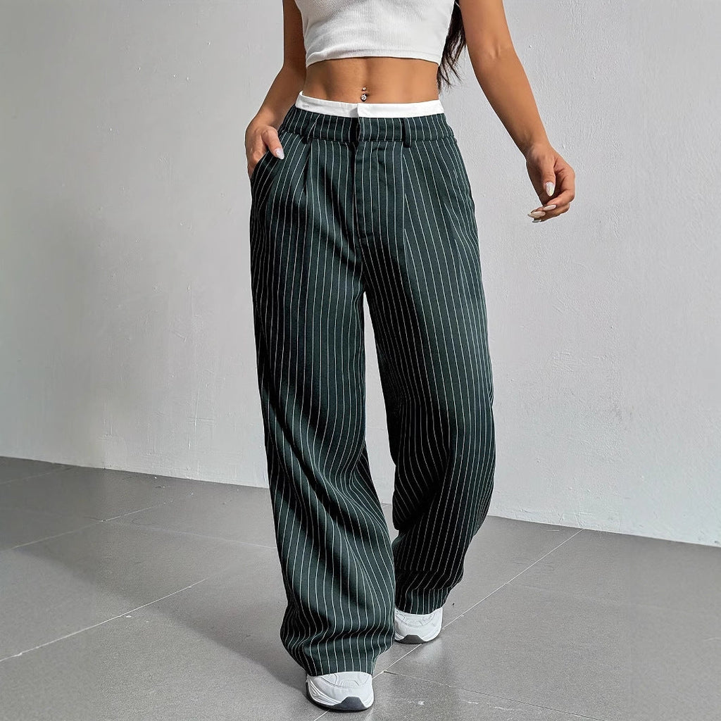 Women's Pinstripe Trousers- High Waist and Wide Leg