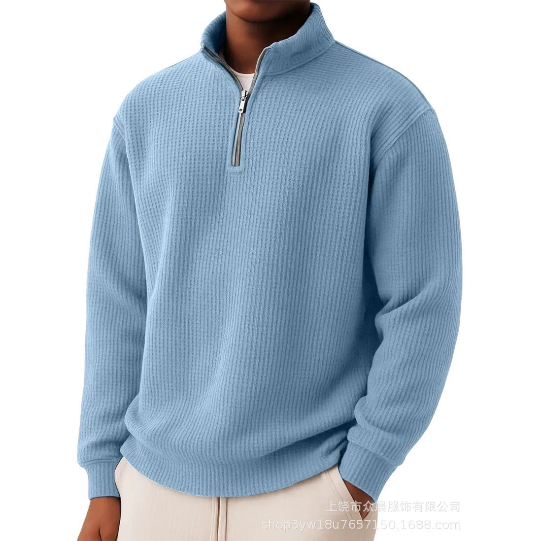 Men's Quarter-Zip Jumper- High Neck and Ribbed Trim