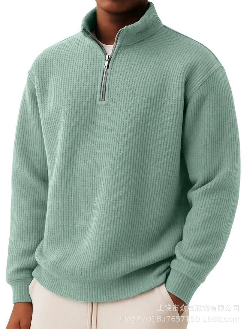 Men's Quarter-Zip Jumper- High Neck and Ribbed Trim