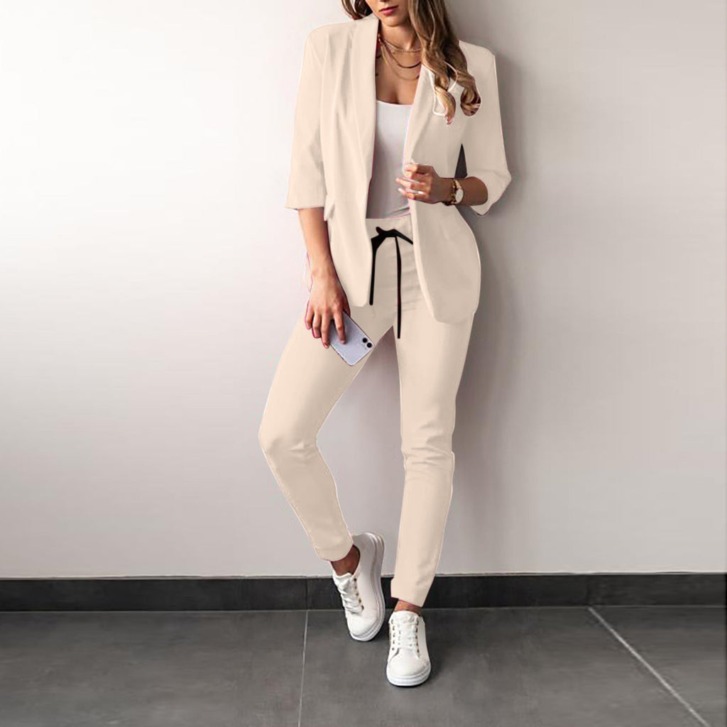 Women's Blazer and Trousers Set- Open-Front Jacket