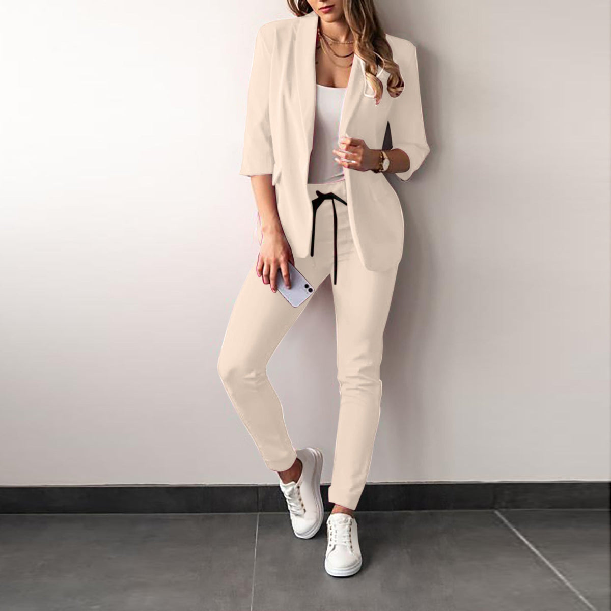 Women's Blazer and Trousers Set- Open-Front Jacket