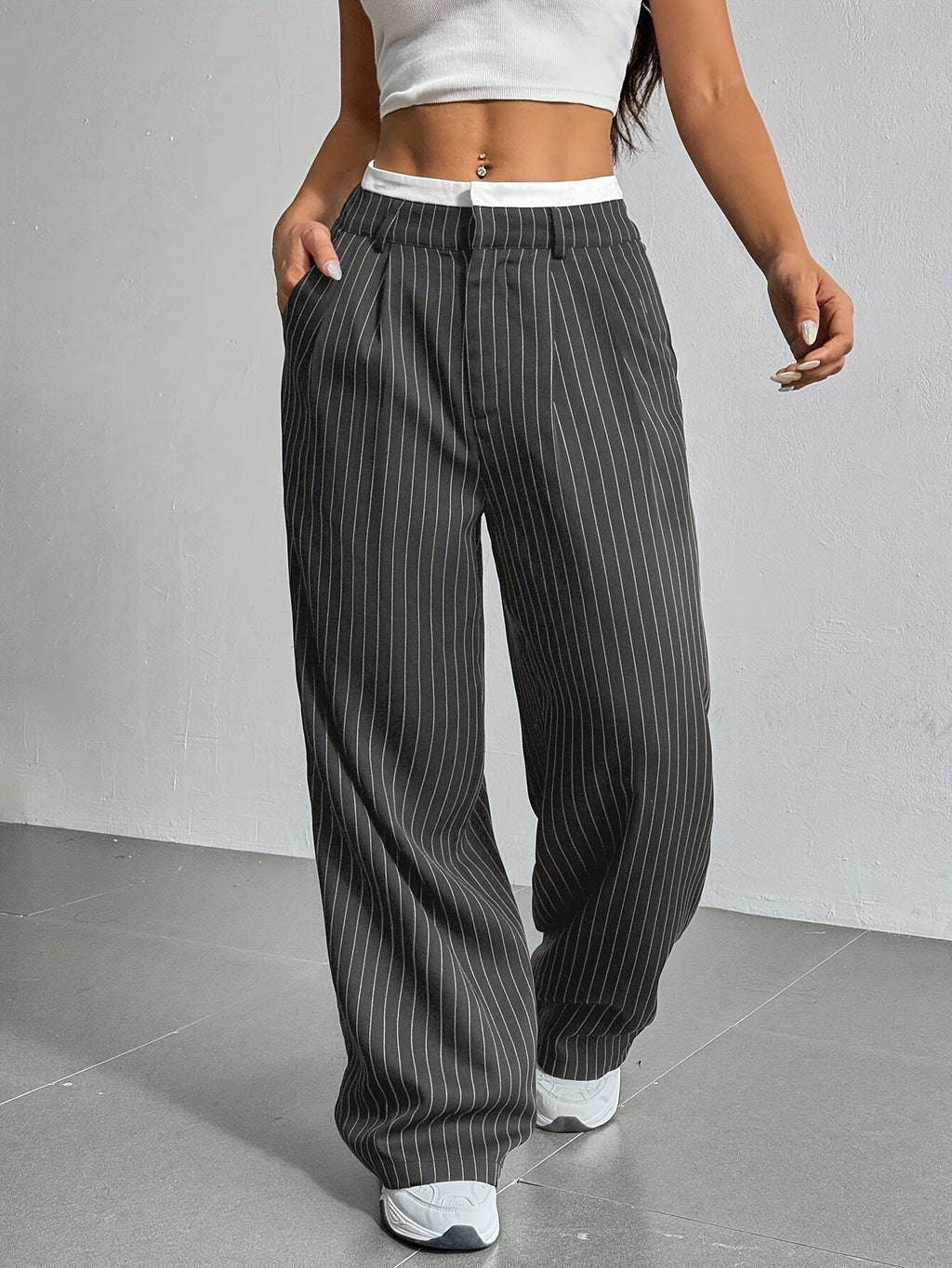 Women's Pinstripe Trousers- High Waist and Wide Leg