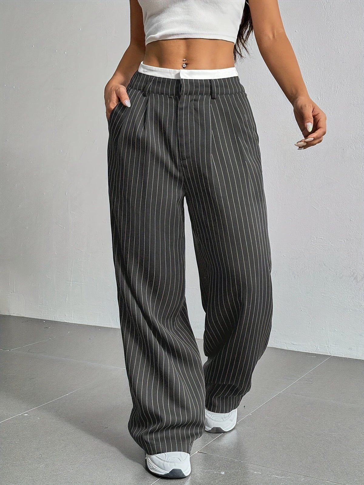 Women's Pinstripe Trousers- High Waist and Wide Leg
