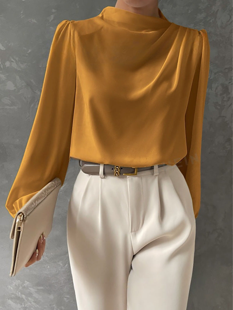 Women's Draped Blouse- Gathered Neckline and Long Sleeves
