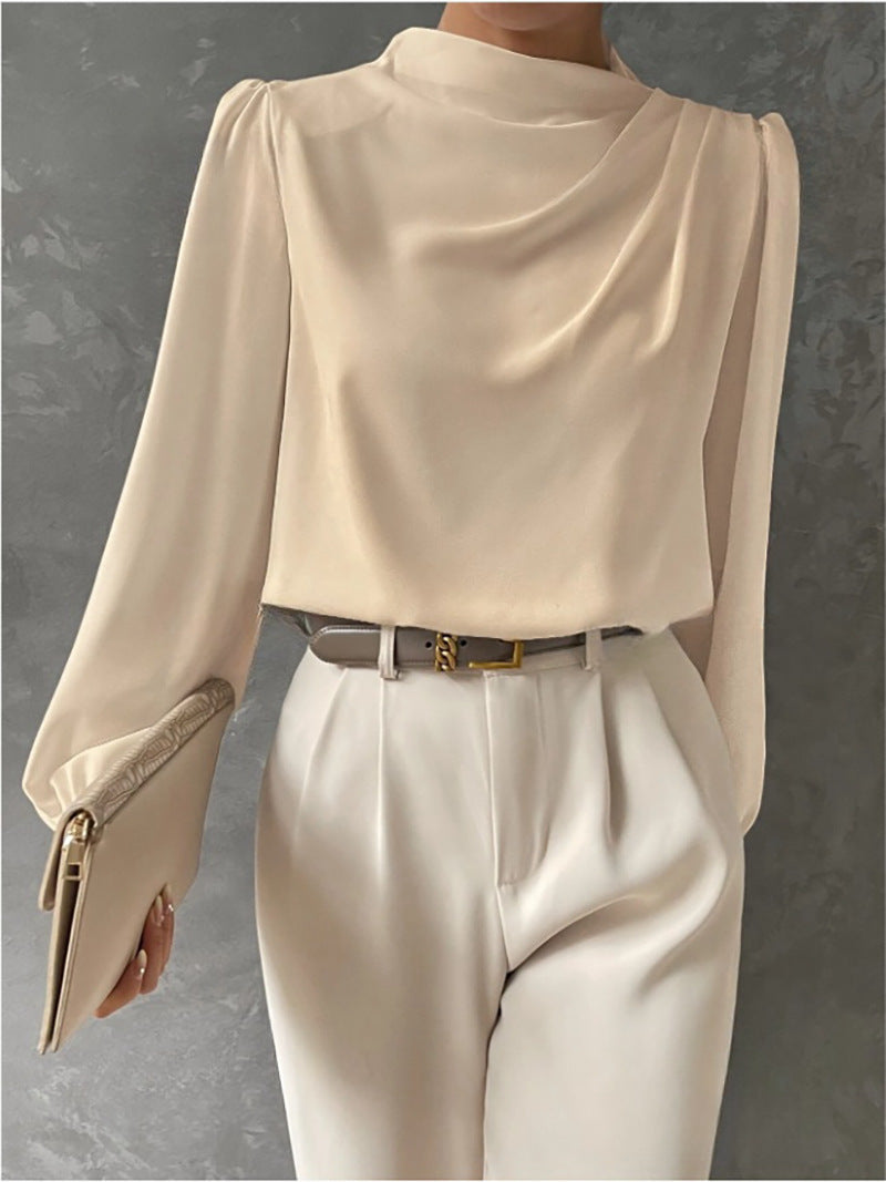 Women's Draped Blouse- Gathered Neckline and Long Sleeves