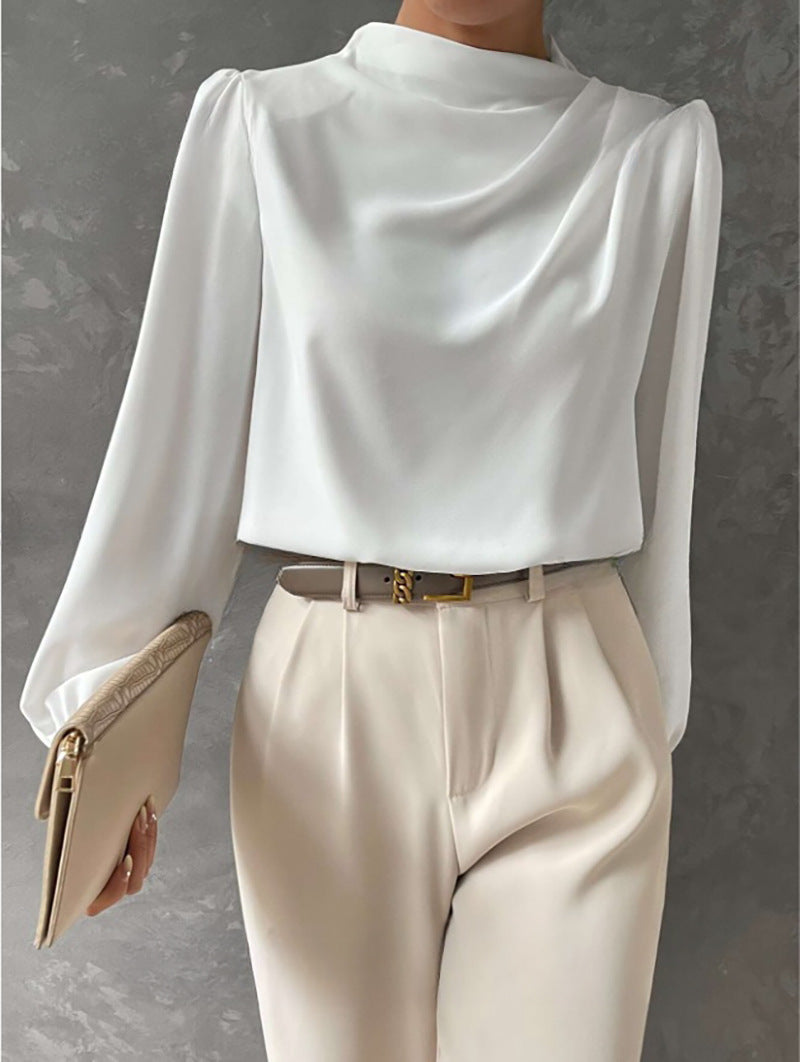 Women's Draped Blouse- Gathered Neckline and Long Sleeves