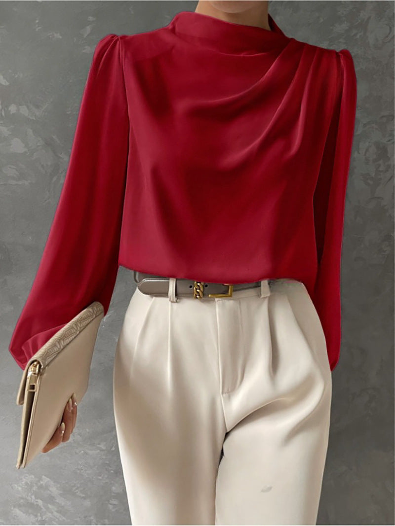 Women's Draped Blouse- Gathered Neckline and Long Sleeves
