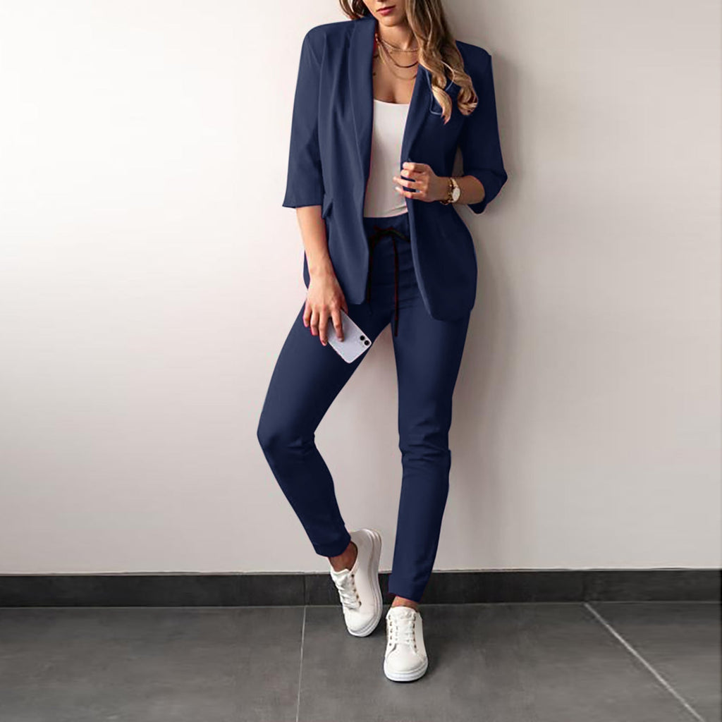 Women's Blazer and Trousers Set- Open-Front Jacket