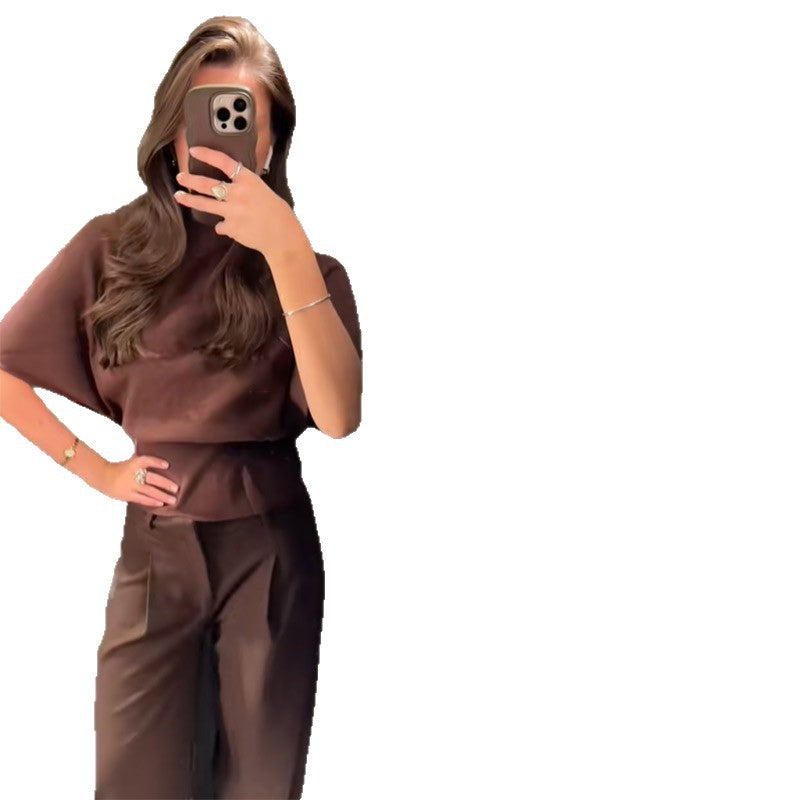 Women's Two-Piece Trouser Set- Wide-Sleeve Top