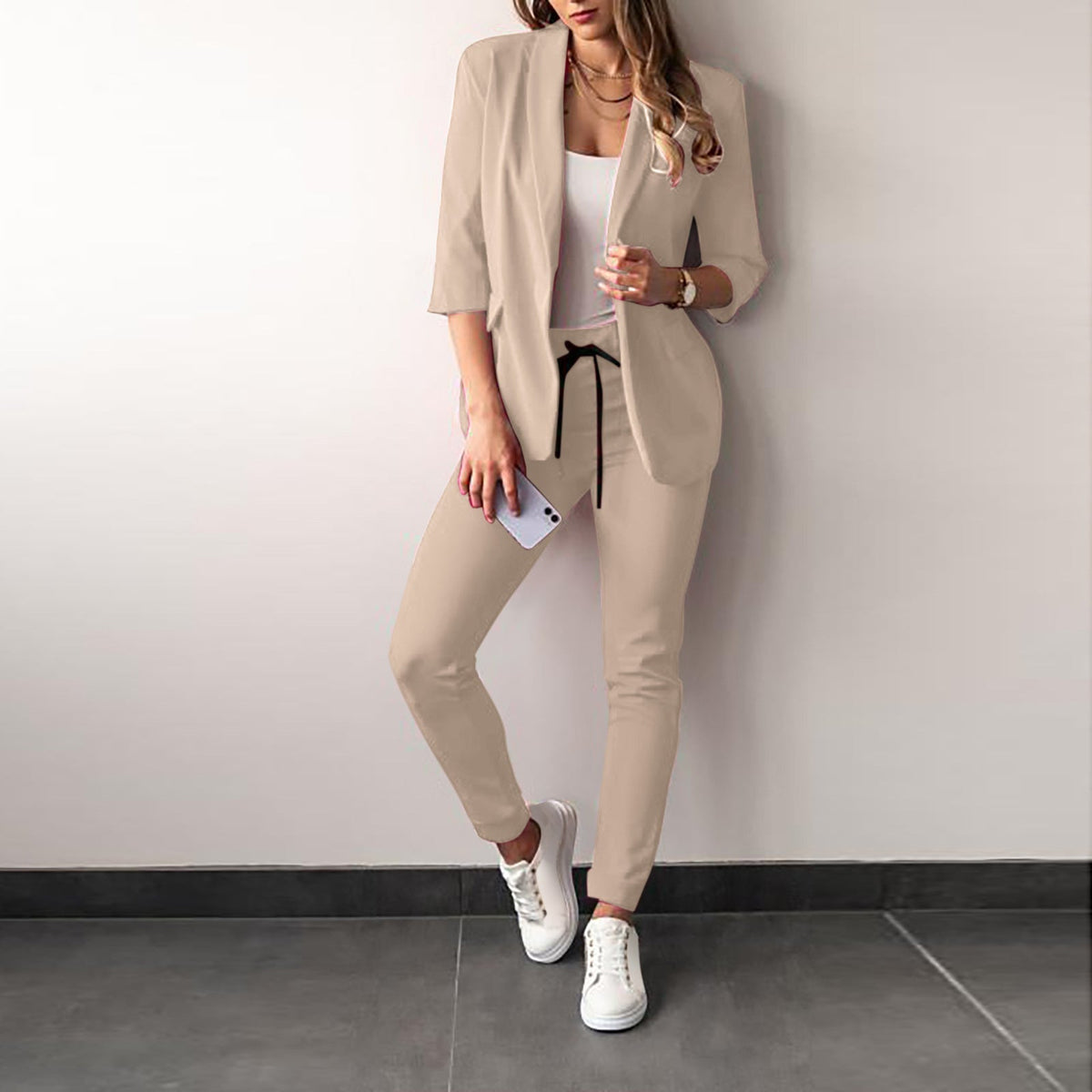 Women's Blazer and Trousers Set- Open-Front Jacket