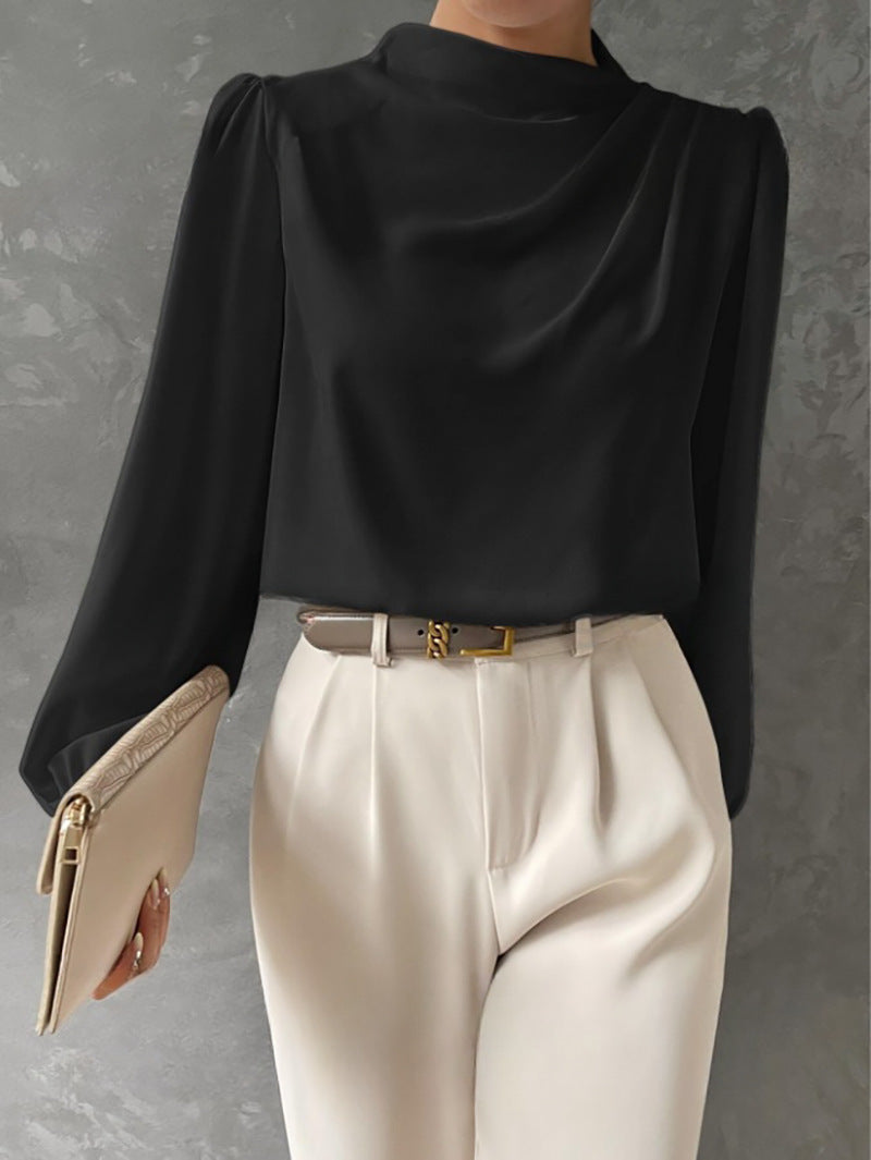 Women's Draped Blouse- Gathered Neckline and Long Sleeves