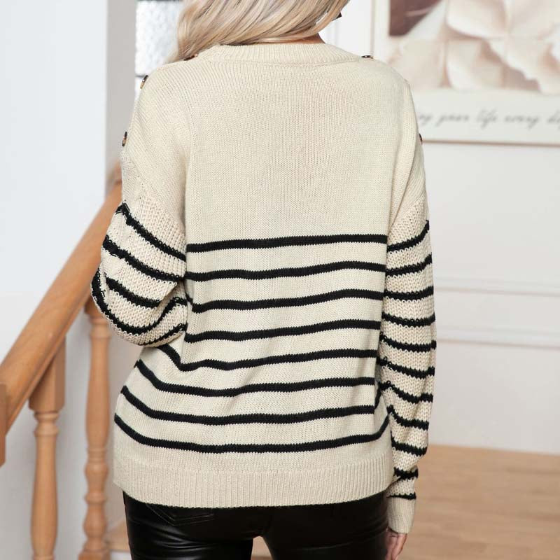Women's Striped Cable-Knit Jumper- Shoulder Buttons
