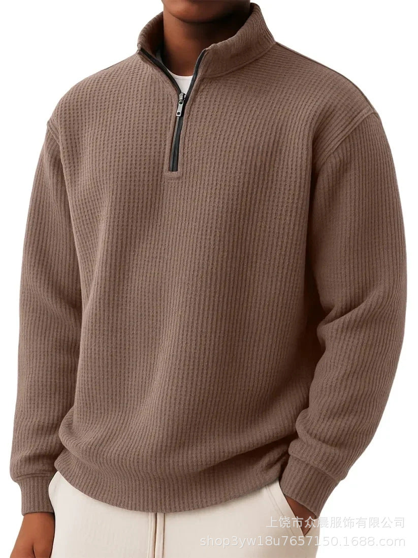 Men's Quarter-Zip Jumper- High Neck and Ribbed Trim