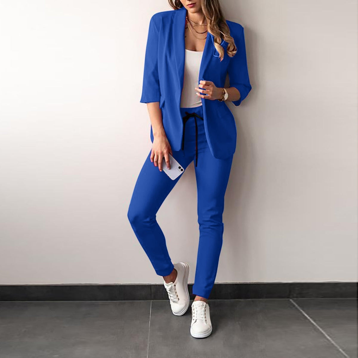 Women's Blazer and Trousers Set- Open-Front Jacket