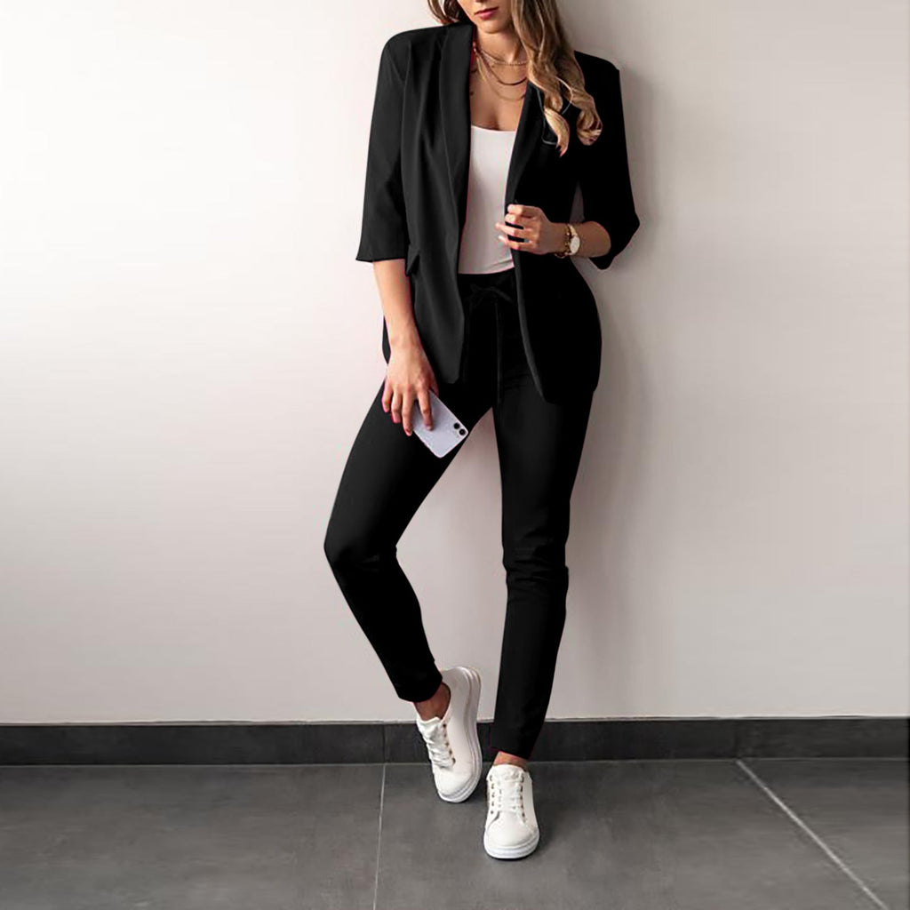 Women's Blazer and Trousers Set- Open-Front Jacket