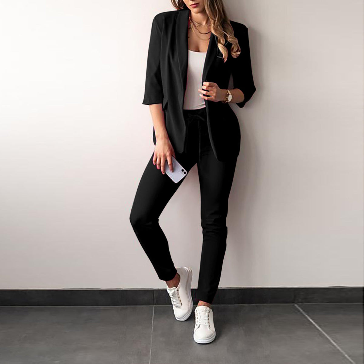 Women's Blazer and Trousers Set- Open-Front Jacket