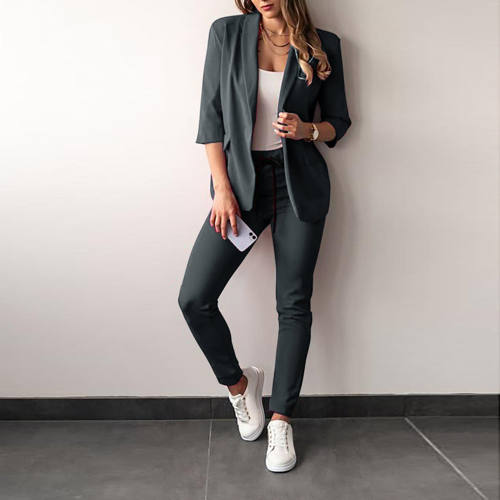 Women's Blazer and Trousers Set- Open-Front Jacket
