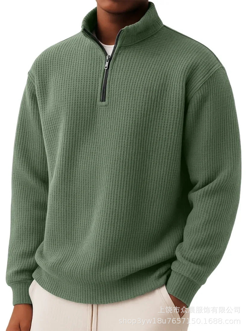 Men's Quarter-Zip Jumper- High Neck and Ribbed Trim