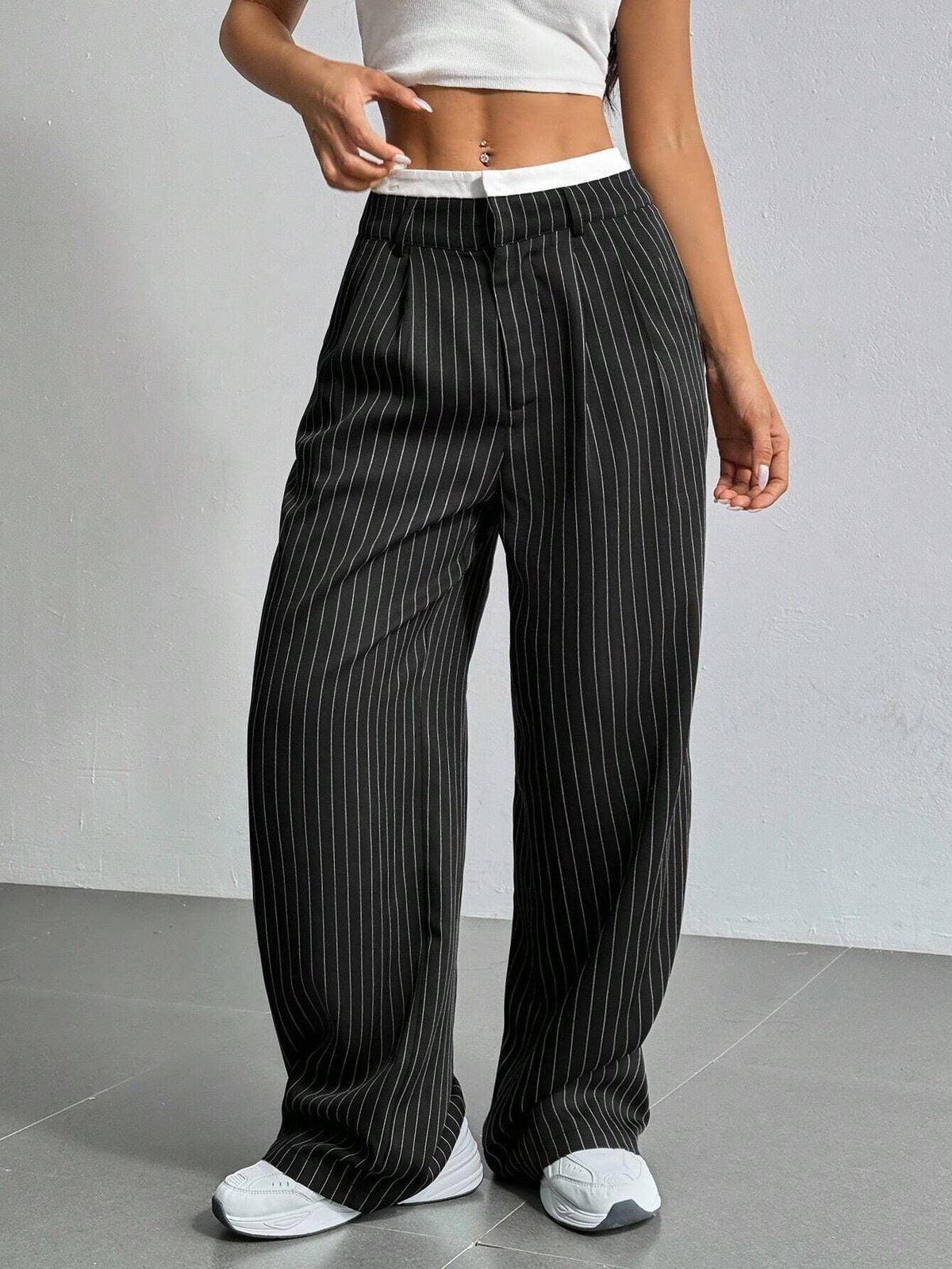 Women's Pinstripe Trousers- High Waist and Wide Leg